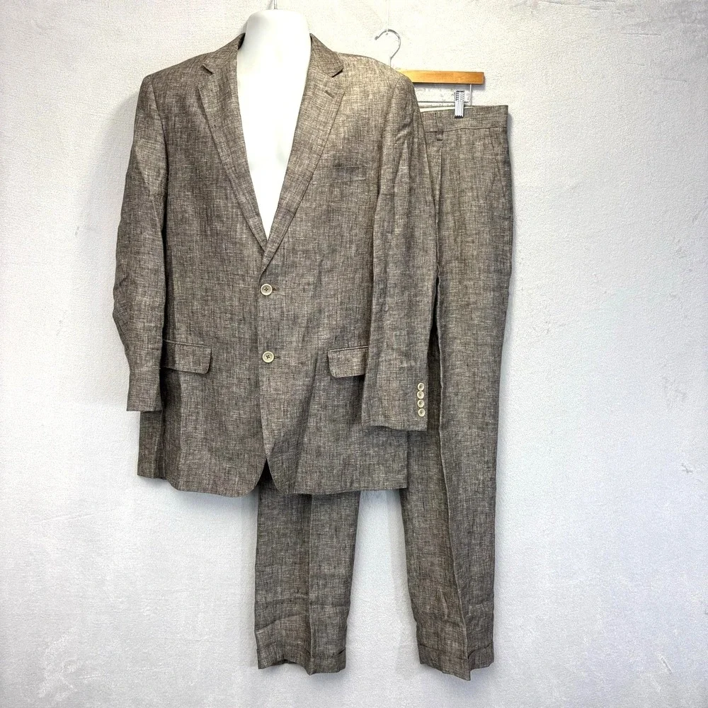 APOLLO King 100% Linen Suit Mens 42L 36x31 Taupe Brown 2 Pc Blazer Jacket Pants